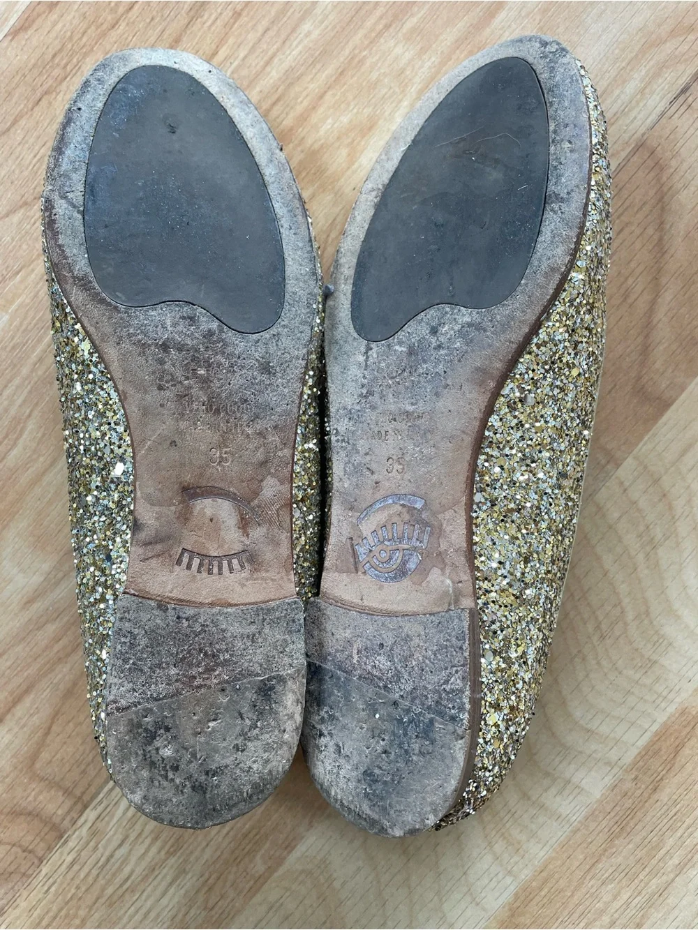 Chiara Ferragni Gold Glitter Loafers with Hot Dog & Rocket Patches